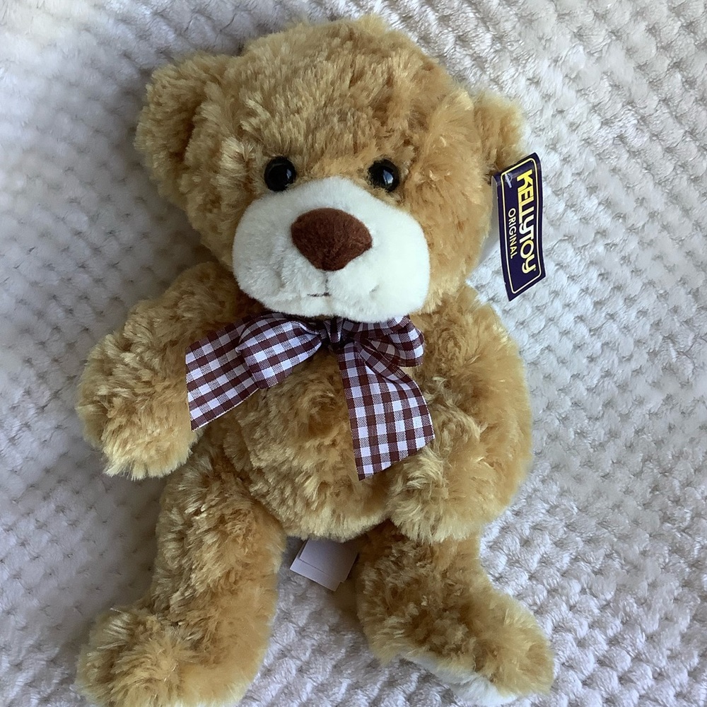 KELLYTOY Original Plush Teddy Bear with Brown Checked Bow Tie Stuffed Animal Toy